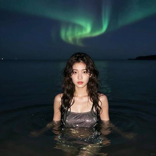 Photograph of an Asian woman with wet, wavy black hair, wearing a gray swimsuit, standing in dark, reflective water at night, with