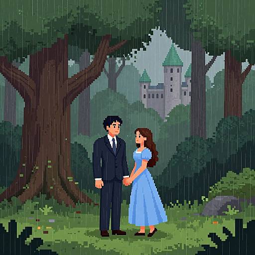 Pixel art of a couple holding hands in a rainy forest, with a castle in the background. The man wears a black suit, the woman a blue