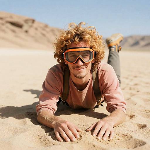 Cheerful Man in Desert with Goggles