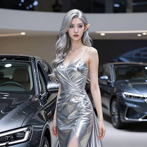 Elegant Silver Siren in Luxury Showroom