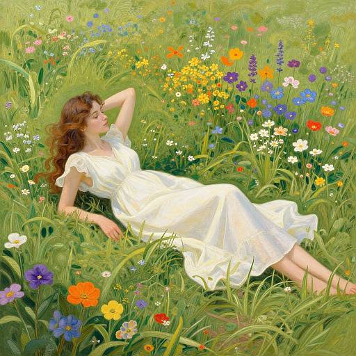 Digital painting of a fair-skinned woman with curly brown hair, wearing a white dress, lying in a vibrant meadow of colorful flowers.