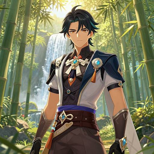 Anime-style digital artwork of a handsome young man with black hair, wearing a detailed, fantasy-inspired outfit, standing in a sunlit bamboo forest with a
