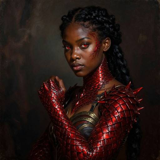 Photorealistic digital portrait of a dark-skinned woman with red, scale-like armor, glowing red eyes, and braided hair, against a dark