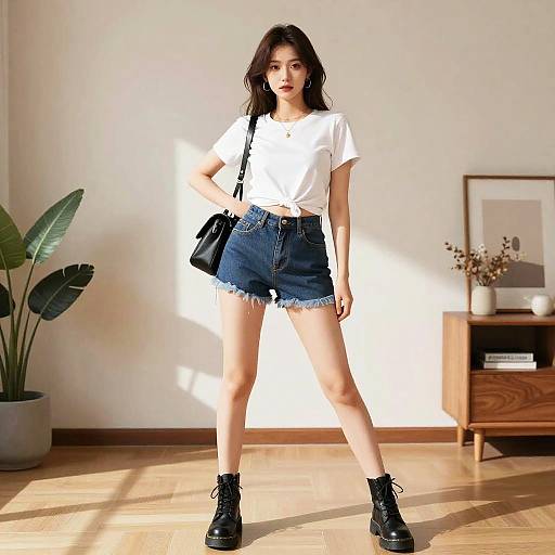 Photograph of a young woman with long dark hair, wearing a white t-shirt, high-waisted denim shorts, black boots, and a black