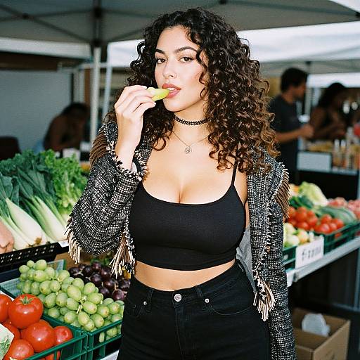 Photograph of a curly-haired woman with light brown skin, wearing a black crop top and high-waisted black jeans, eating grapes at an outdoor