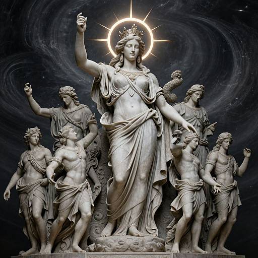Photorealistic digital artwork of a radiant, classical marble statue of a divine female figure with a halo, surrounded by six muscular, semi-nude male