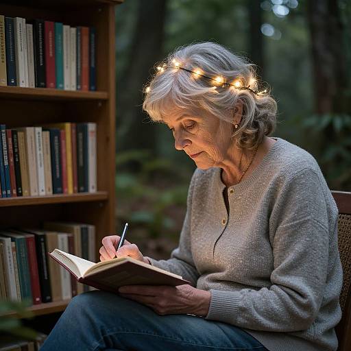 Photograph of elderly woman with white hair, wearing fairy lights crown, gray sweater, reading book outdoors beside bookshelf. Forest background.