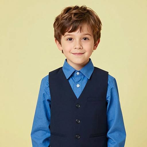 Photograph of a young boy with brown hair, wearing a blue shirt and black vest, smiling against a plain yellow background.