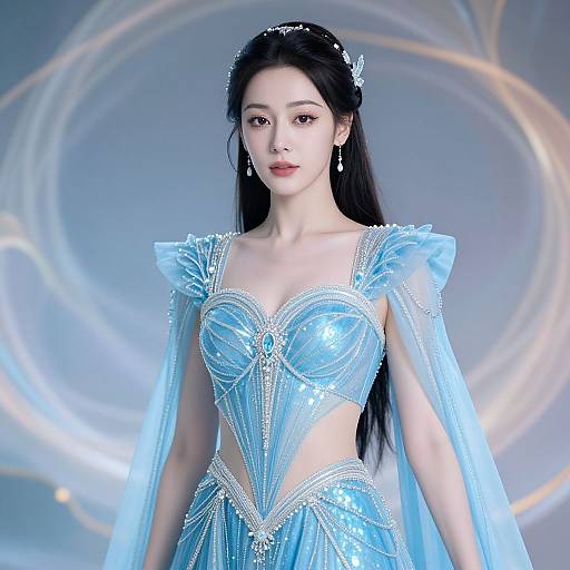 Photograph of an East Asian woman with long black hair, wearing an elegant, light blue, beaded, and sequined fairy-tale gown with