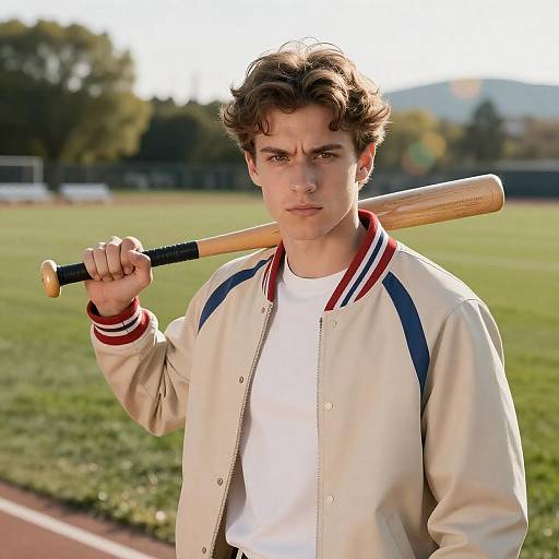 Young Man with Baseball Bat in Sunlight