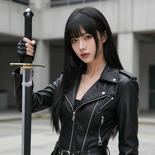 Serious Asian Woman with Sword in Leather