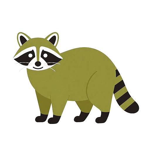 Digital illustration of a stylized, cartoonish green raccoon with black stripes on tail, white facial markings, and black ears against a plain white background