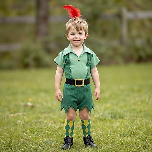 Photograph of a young boy in a green elf costume with a red feather, black belt, yellow-green diamond-patterned socks, and black shoes,