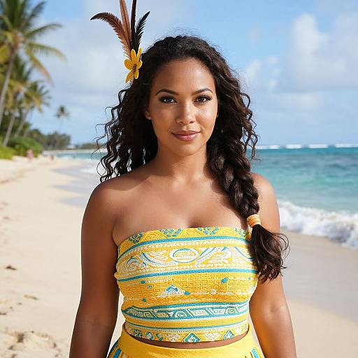 Photograph of a smiling Black woman with curly black hair, wearing a yellow and blue patterned strapless top and a feathered headpiece, standing