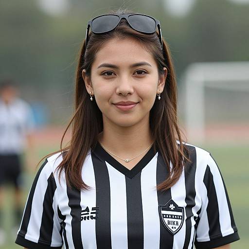 Photograph of a young Asian woman with long brown hair, wearing black-and-white striped soccer jersey, sunglasses on head, smiling, standing on a blurred