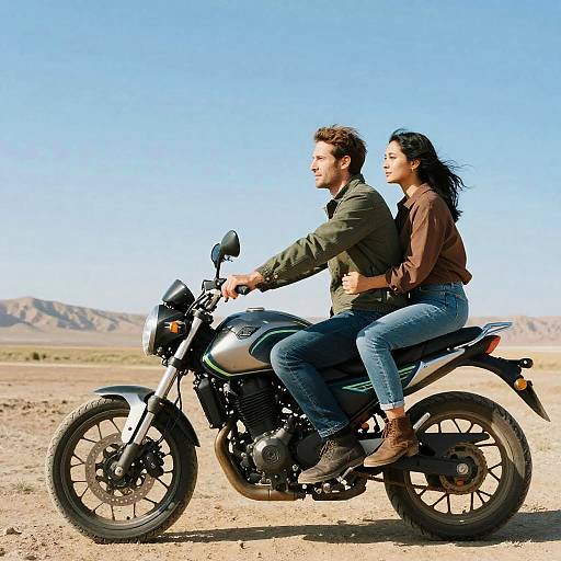 Couple Riding Motorcycle in Desert Landscape
