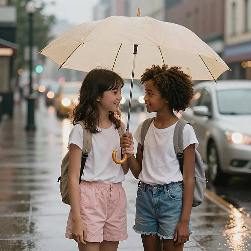 Photograph of two young girls, one with brown hair and pink shorts, the other with curly hair and denim shorts, sharing a transparent umbrella on a
