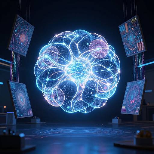 Digital artwork of a glowing, blue neon sphere with intricate, intertwining lines, surrounded by four floating, illuminated panels in a dark, futuristic space.
