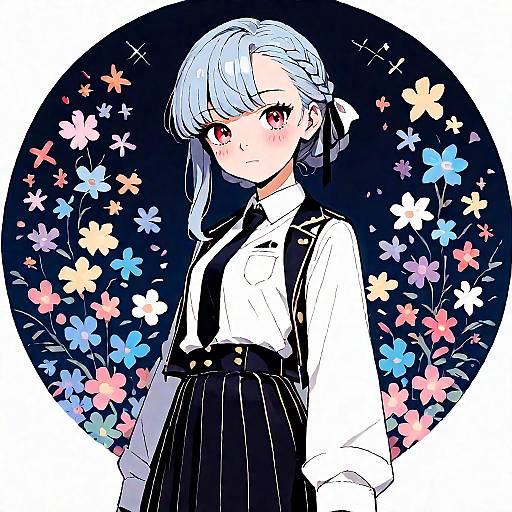 Anime-style digital drawing of a blue-haired girl with red eyes, wearing a white shirt, black tie, and pinstripe skirt, surrounded by colorful
