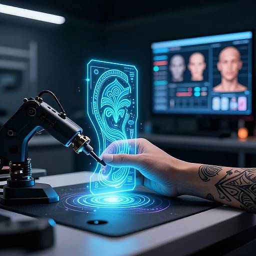 Photograph of a tattooed hand creating a glowing blue digital sigil over a 3D printer in a high-tech lab, with a computer screen
