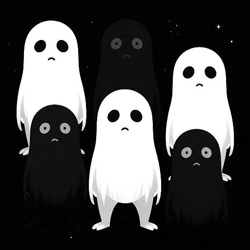 Digital drawing of six ghostly figures: four white with black eyes, two black with white eyes, standing against a black background.
