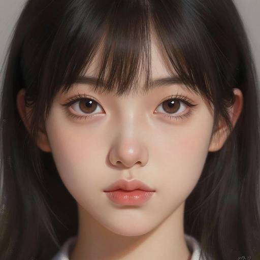Digital portrait of an Asian woman with large, expressive brown eyes, fair skin, and long black hair with bangs, looking directly at the camera.