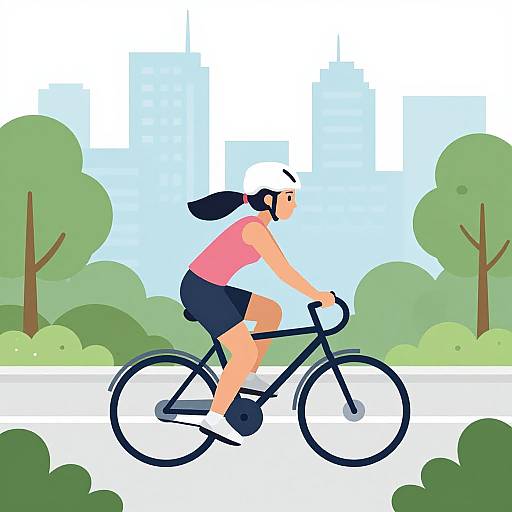 Digital illustration of a woman in a pink tank top and black shorts, wearing a white helmet, cycling on a city road with green trees and a blue