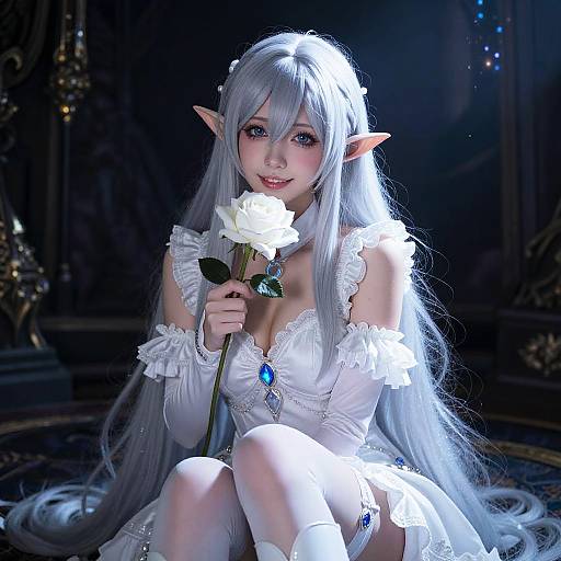 Digital art of a beautiful, white-haired, elven woman in a frilled white dress, holding a white rose, with glowing blue eyes, against
