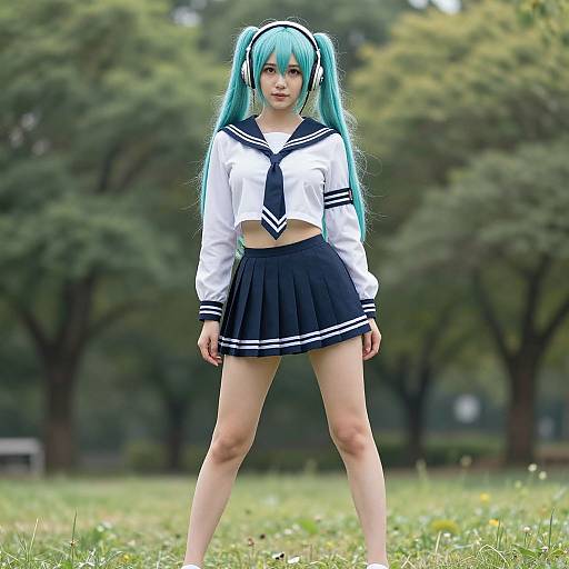 Photograph of a young woman with long turquoise twin-tails, wearing a white sailor-style crop top and black pleated skirt, standing in a grass