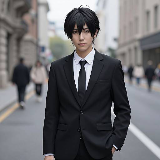 Photorealistic digital image of a young Asian man with black hair, wearing a black suit, white shirt, and black tie, standing on a blurred