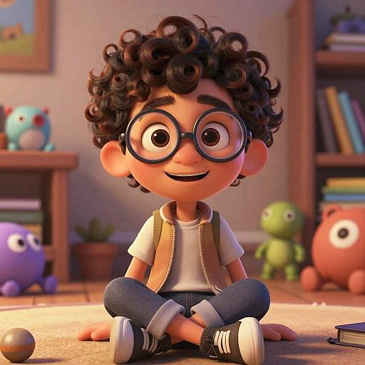 CGI image of a curly-haired boy with large glasses, sitting cross-legged in a cozy room, surrounded by colorful stuffed animals.