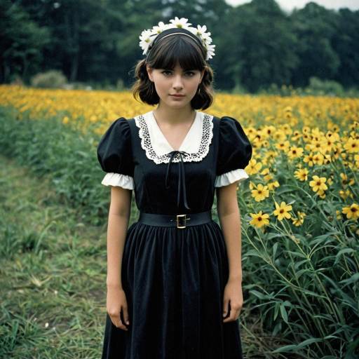 Young Woman in Black Dress with Daisy Headband in Flower Field