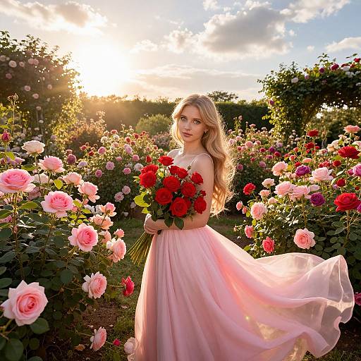 Photograph of a blonde woman with long hair in a flowing pink dress, holding a bouquet of red and pink roses, standing in a sunlit rose