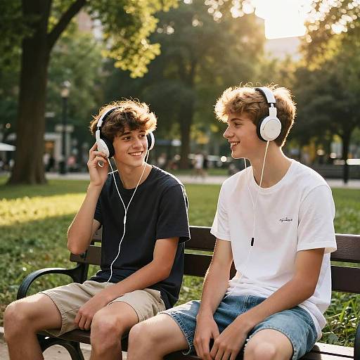Teen Boys Sharing Music in Park