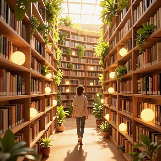 Photograph-like digital art of a woman walking down a sunlit, plant-filled library aisle with wooden shelves, glowing orbs, and books.