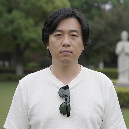 Casual East Asian Man in Garden Setting