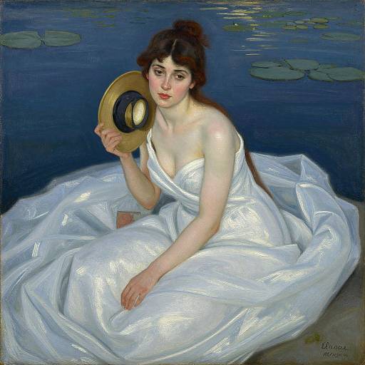 Impressionist painting of a fair-skinned woman with dark hair, wearing a flowing white dress, sitting by a blue pond, holding a golden hat