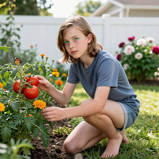 Photograph of a young girl with green eyes, brown shoulder-length hair, and freckles, squatting in a sunlit garden, picking ripe