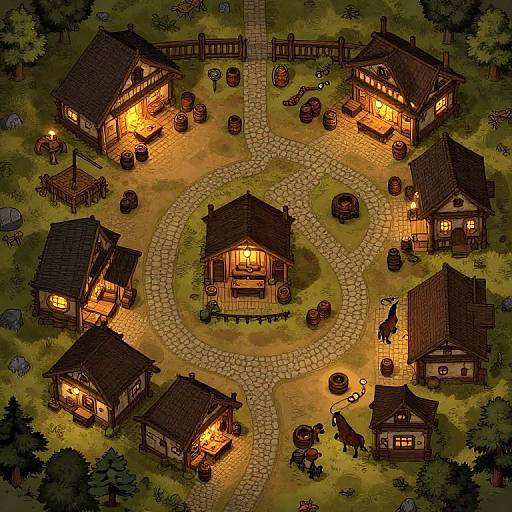 Aerial view of a glowing, medieval-style village with wooden houses, cobblestone paths, barrels, and a central courtyard, illuminated by warm yellow