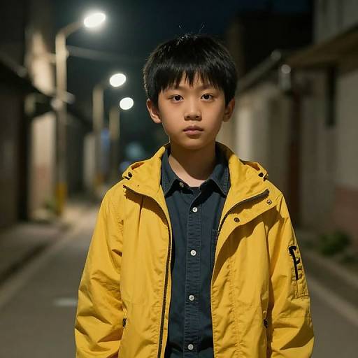 Photograph of an Asian boy with black hair, wearing a yellow jacket over a dark shirt, standing in a dimly lit, narrow street at night