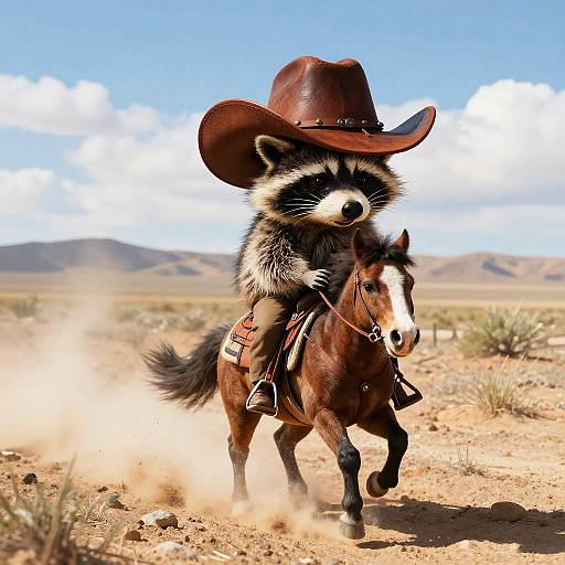 Photograph of a raccoon wearing a brown cowboy hat, riding a brown horse in a dusty desert with mountains and blue sky in the background.