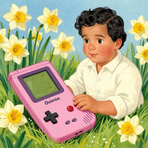 Digital illustration of a young boy with curly black hair, wearing a white shirt, playing a pink Game & Watch in a grassy field with blooming
