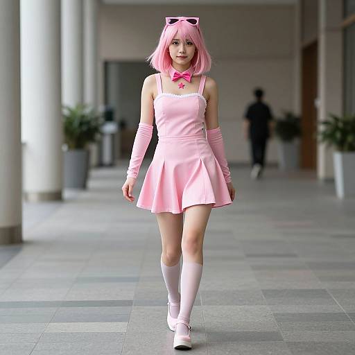 Photograph of a young woman in a pink wig, pink dress, and matching accessories, walking confidently in a modern, tiled hallway.