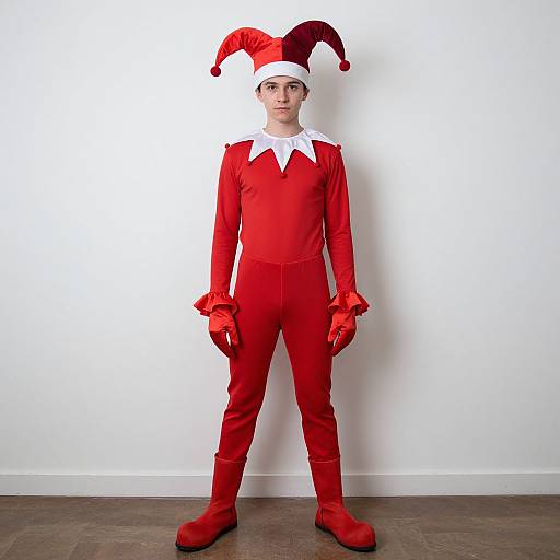 Photograph of a young man in a red jester costume with white collar, jester hat, gloves, and boots, standing against a plain white