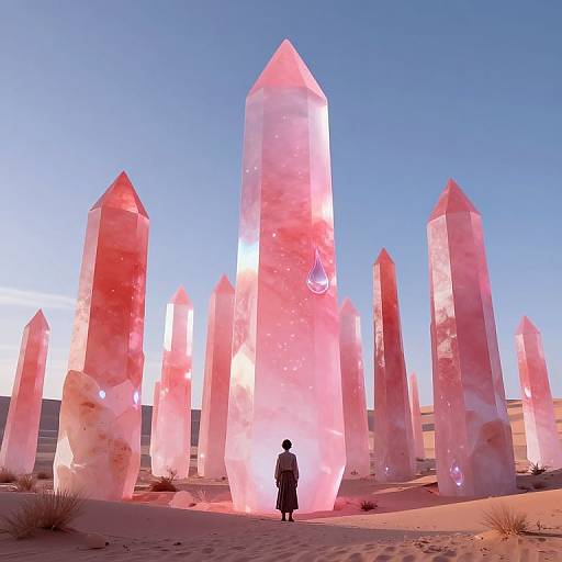 Photorealistic CGI image of a lone figure standing before towering, glowing pink crystal formations in a desert under a clear blue sky.