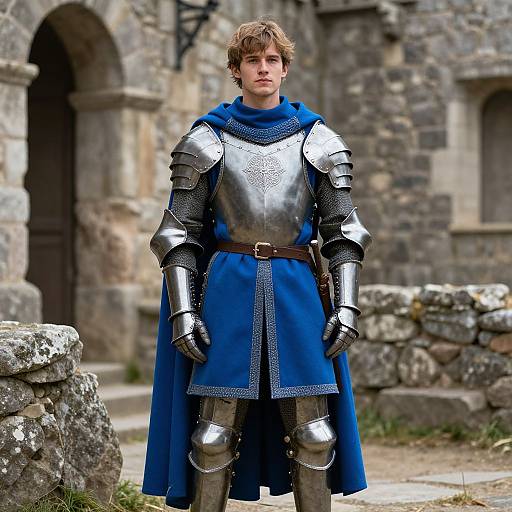 Photograph of a young boy with curly brown hair, wearing medieval silver armor and a blue cloak, standing in front of a stone castle.