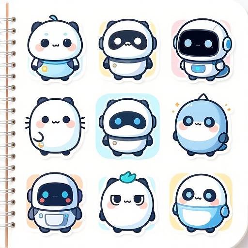 Chibi-style digital drawing of nine adorable, round, panda-like robots with varied expressions, in a 3x3 grid on a white background.