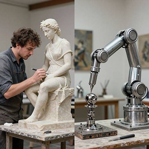 Photograph of a sculptor with curly hair meticulously carving a white marble statue, next to a detailed robotic arm sculpting tool.