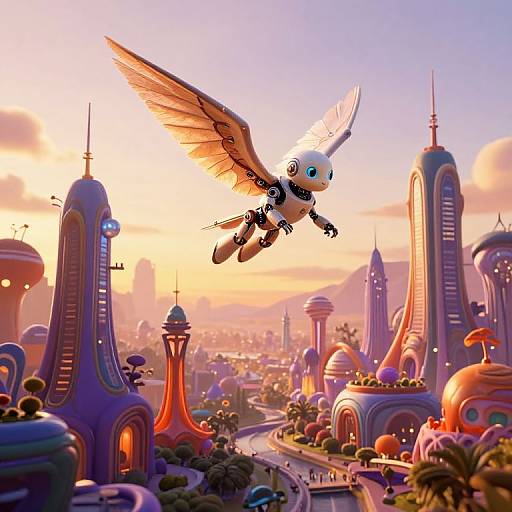 Digital illustration of a white winged robot bird soaring over a colorful, futuristic cityscape with towering, curved skyscrapers at sunset.