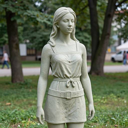 Photograph of a lifelike, pale green, stone-like statue of a young woman with long hair, wearing a sleeveless dress and belt,